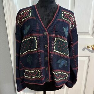 VTG Kathy Ireland Cardigan Sweater Women Large Navy Blue Patchwork Embroidered